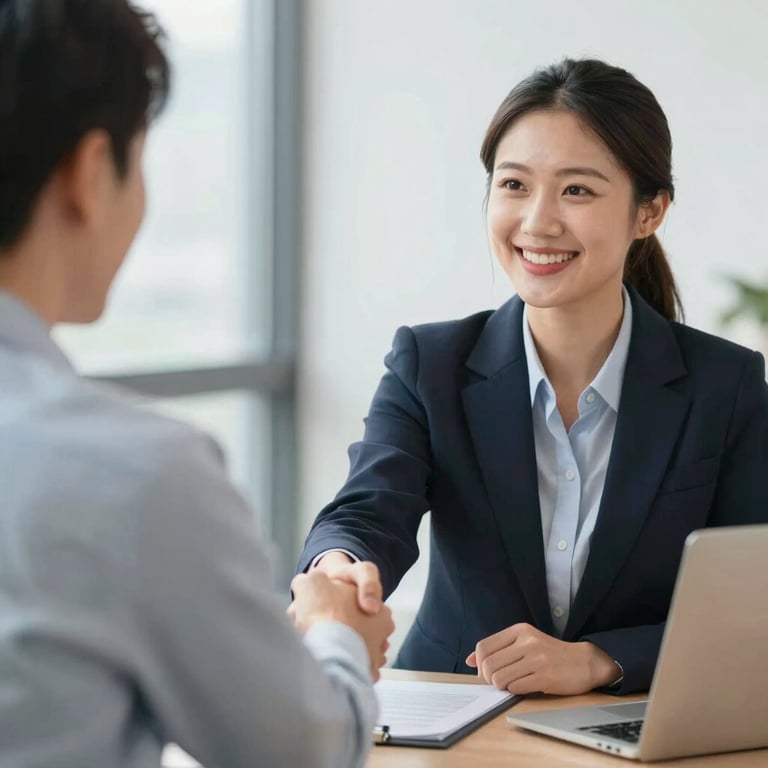 A friendly financial consultant shaking hands with a client in a bright, welcoming office environment.