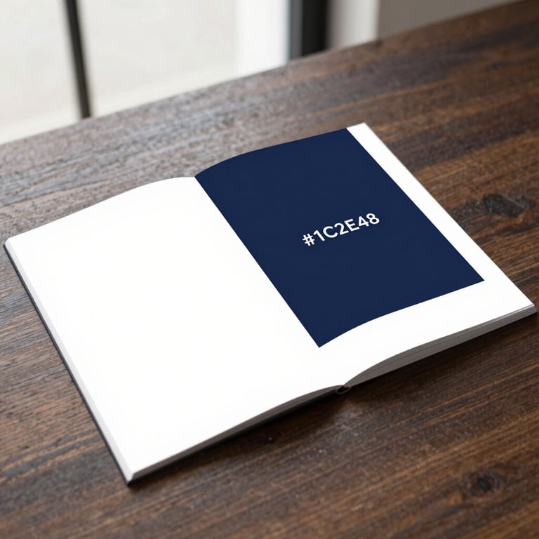 A sophisticated minimalist brand identity manual resting on a dark wood table, soft natural light, featuring #1C2E46 accents.