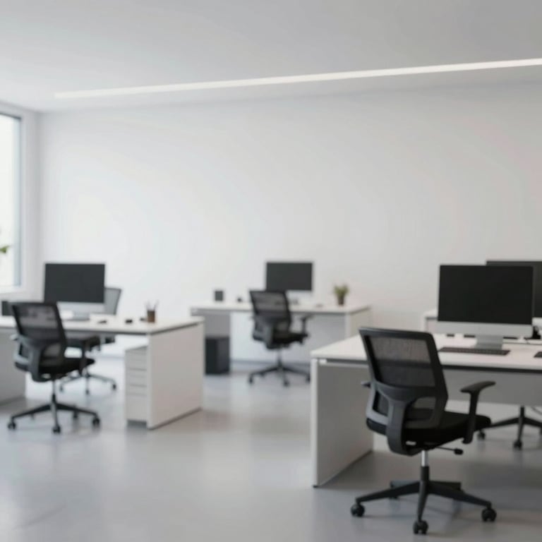 A wide-angle shot of a minimalist design studio with sleek workstations, embodying strategic clarity and creative elegance.
