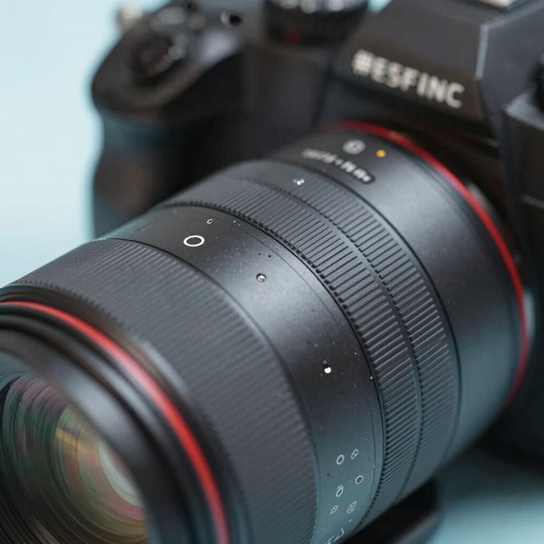 Close-up of a high-end camera lens capturing strategic branding materials, professional lighting, using #F5F8FC highlights.