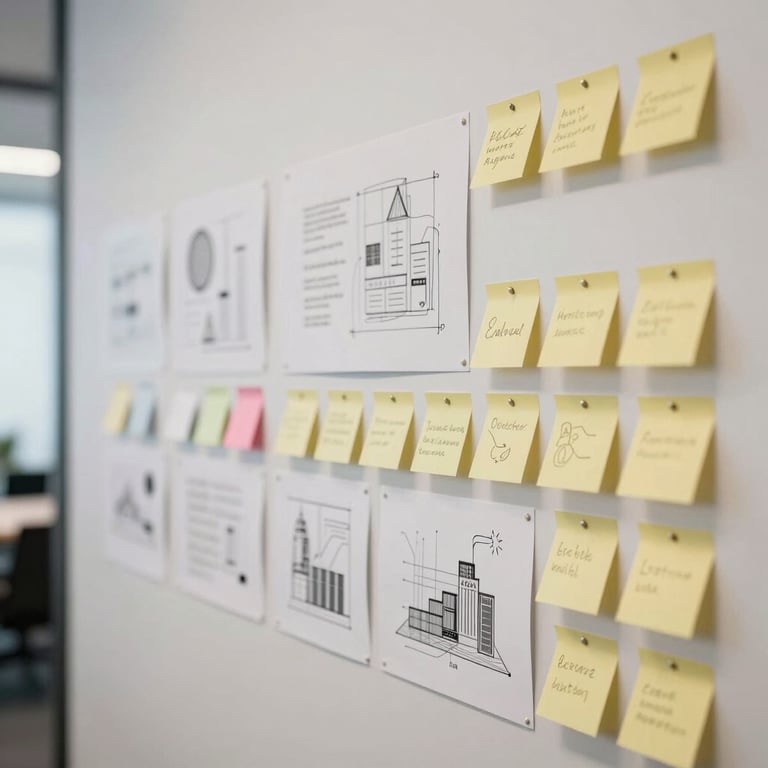 A modern brainstorming wall with neat post-its and strategic sketches, reflecting an innovative and organized workflow.