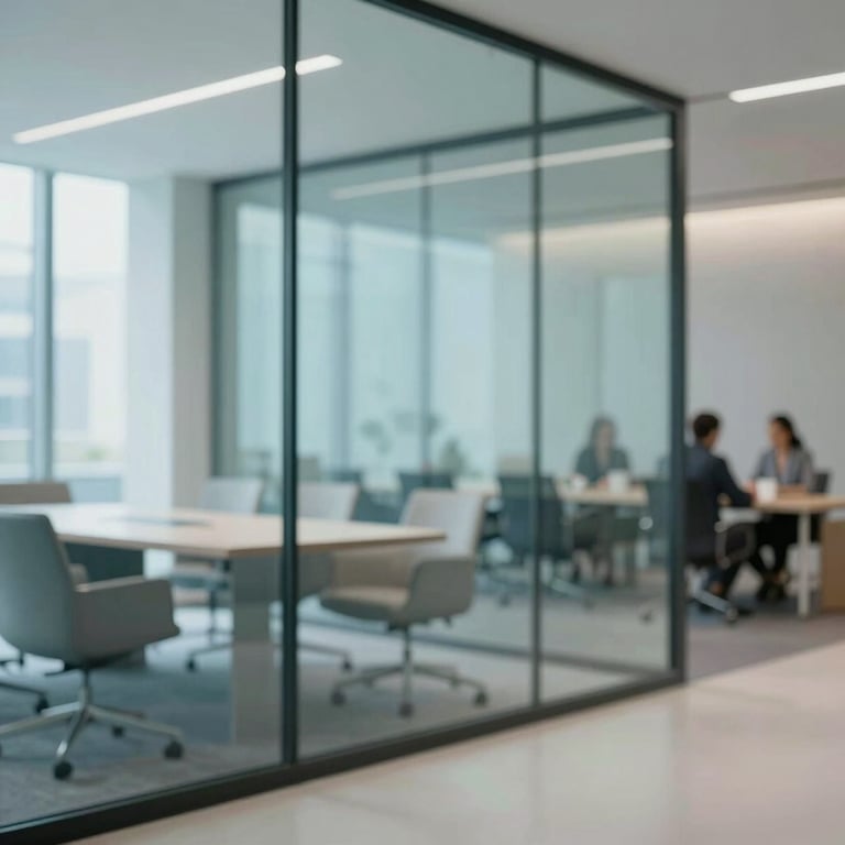 A professional creative meeting space with architectural glass walls and elegant furniture, palette including #A8BECD.