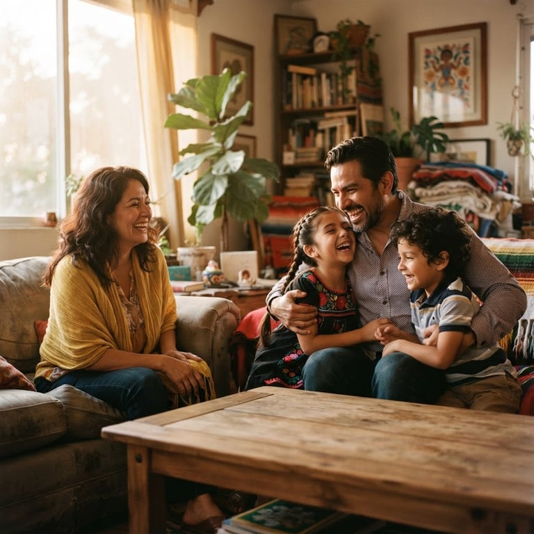 Wide editorial shot of a Mexican family (parents and two children) laughing together in a warmly lit living room, soft natural golden-hour window light, shallow depth of field, authentic, 35mm. The father and children are on the right, the mother on the left.