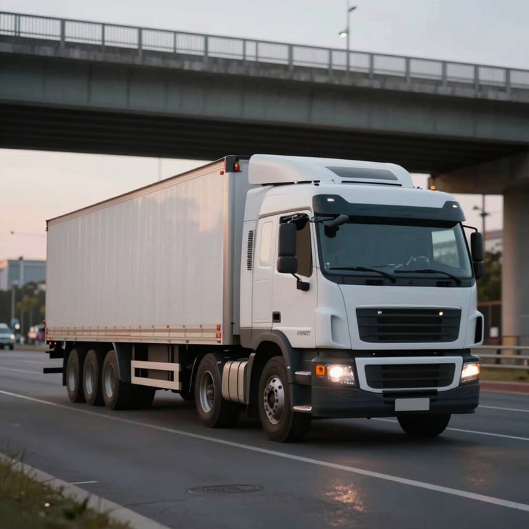 A heavy-duty truck parked under a city bridge at dusk, showcasing intercity freight capability.