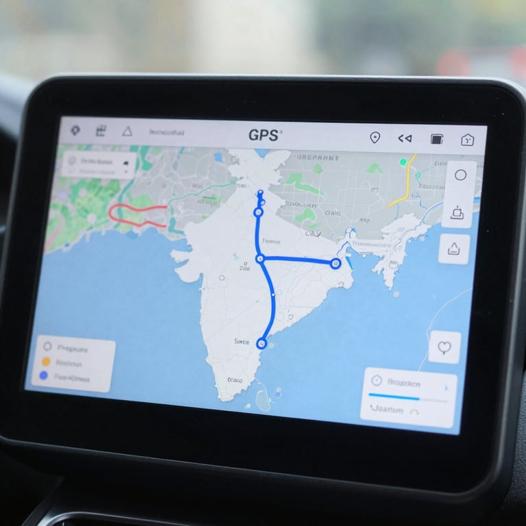 A close-up of a high-tech GPS tracking screen showing a map of India with efficient routes highlighted in #3D5C7A.