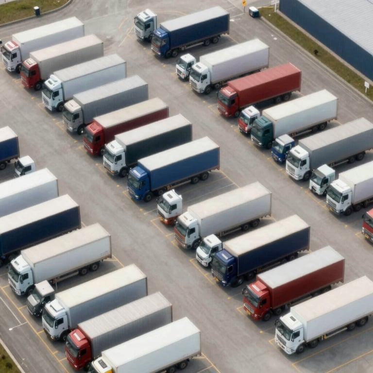 An aerial view of a logistics park with many trucks parked in perfect alignment, conveying extreme organization.