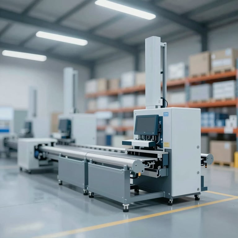 A corporate warehouse interior with high-efficiency automated sorting systems and #F3F7FA lighting.