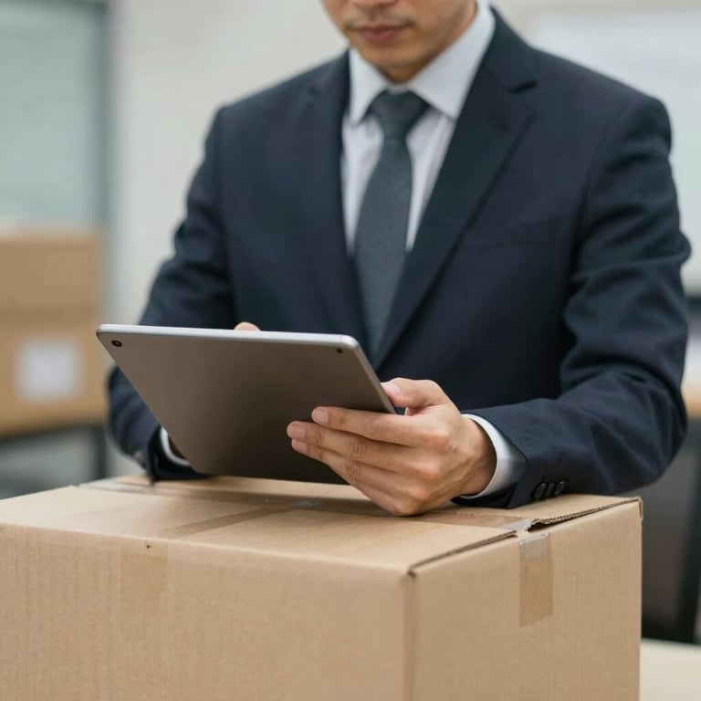 A professional logistics manager confirming an order on a tablet, symbolizing the 10-minute confirmation guarantee.