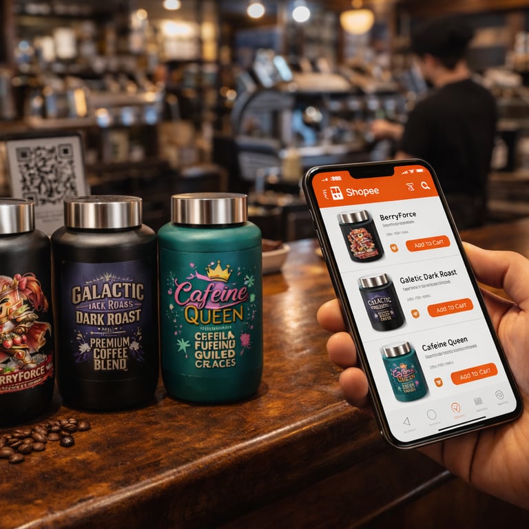 Customer holding phone in bar with branded drink cans visible on counter