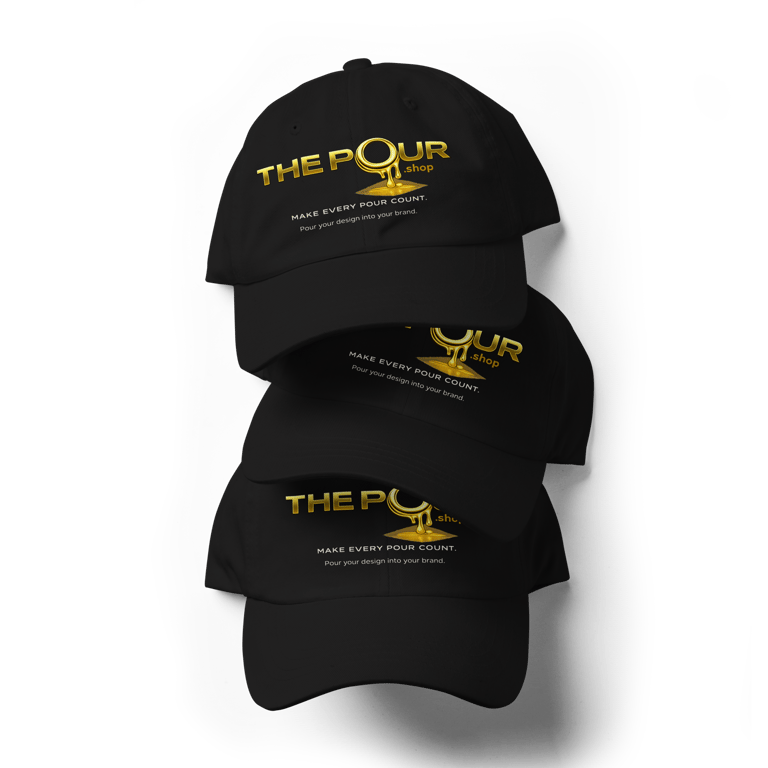 stacked the pour shop logo printed black caps