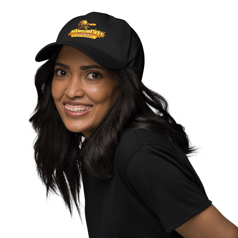 person wearing black mangoblast hero cap front view