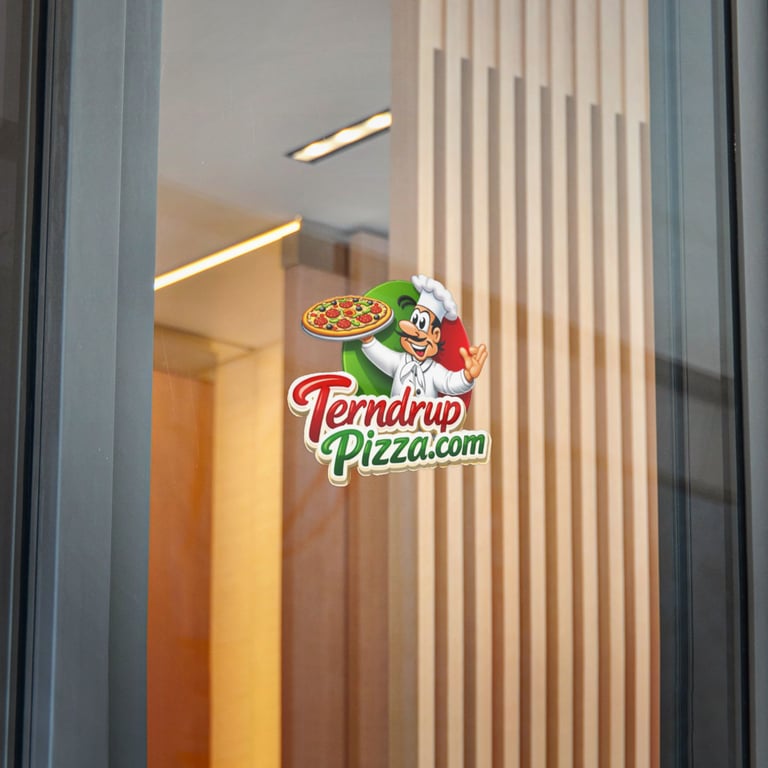 Window branding example showing hospitality logo installed to improve street visibility