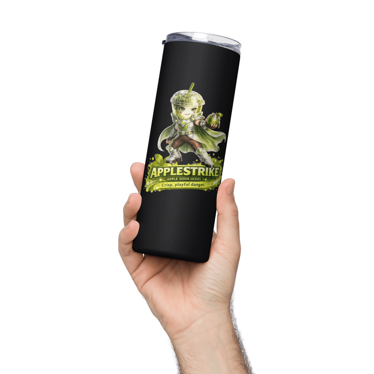 hand holding black applestrike hero stainless steel tumbler