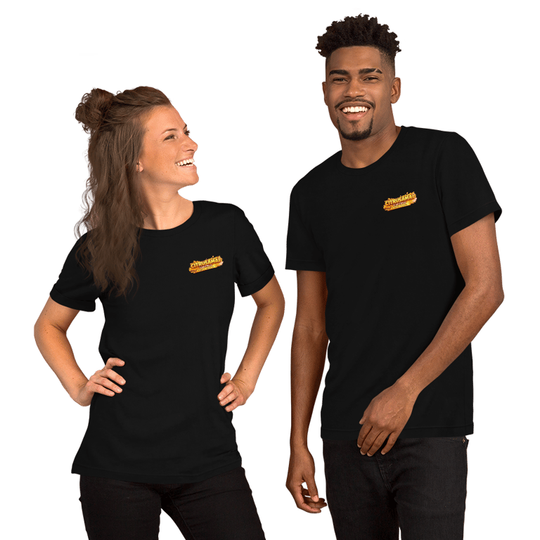 two models wearing citrusami logo printed black t shirts