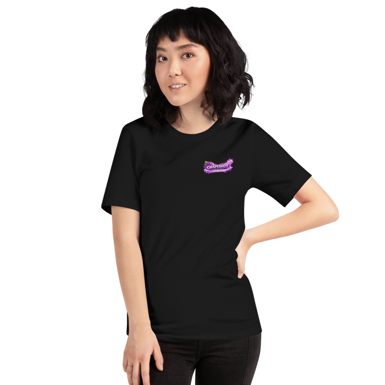 person wearing black grapeshot hero t shirt angled view