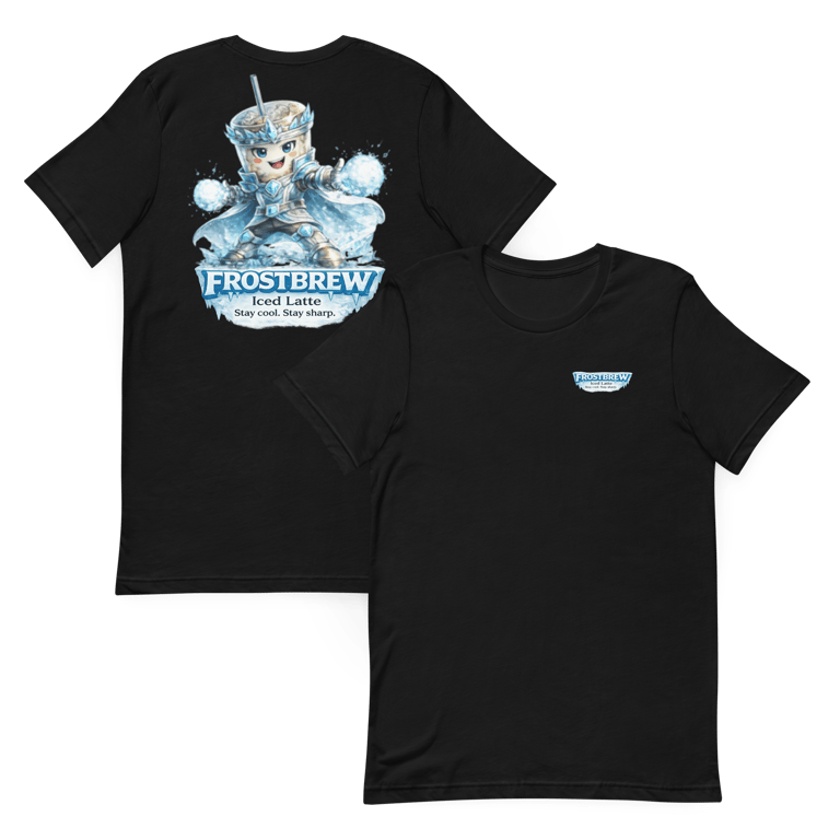 two black frostbrew hero t shirts showing front and back designs