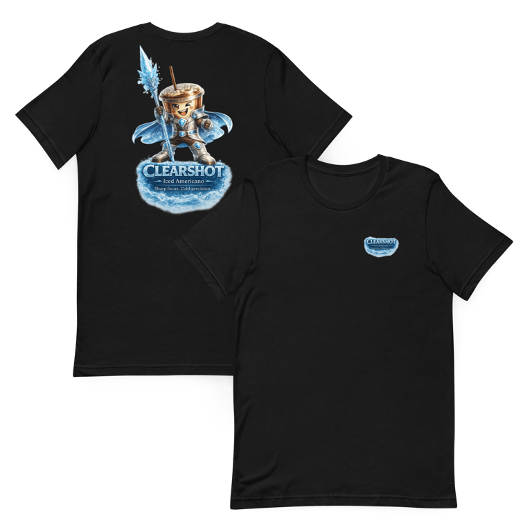 black clearshot hero t shirts showing front and back designs