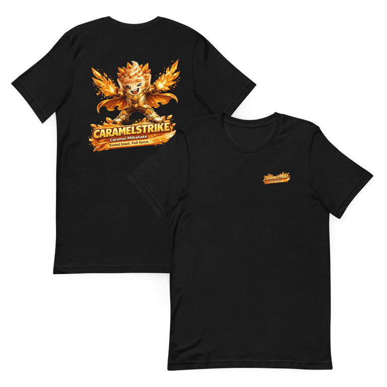 black caramelstrike hero t shirts showing front and back designs