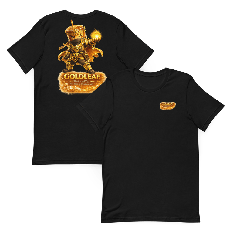 black goldleaf hero t shirts showing front and back designs