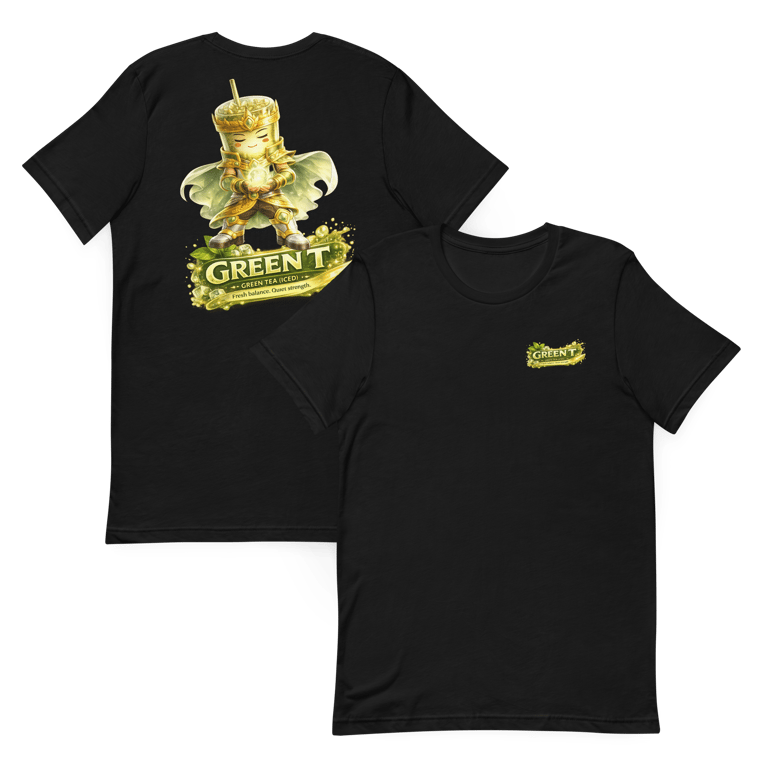 black greentea hero t shirts showing front and back prints