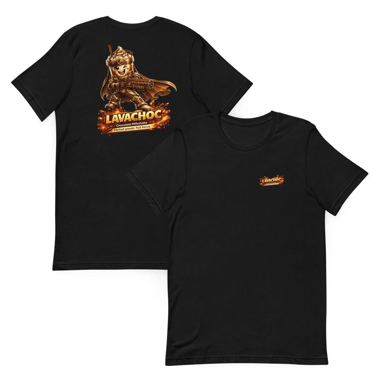 black lavachoc hero t shirts showing front and back prints