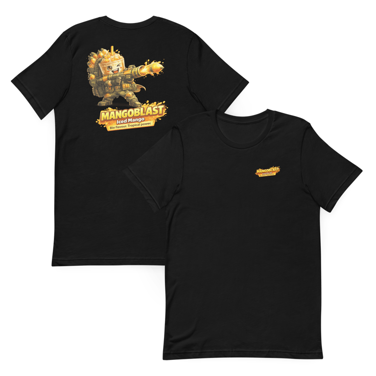 black mangoblast hero t shirts showing front and back prints