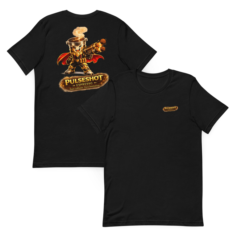 black pulseshot hero t shirts showing front and back prints