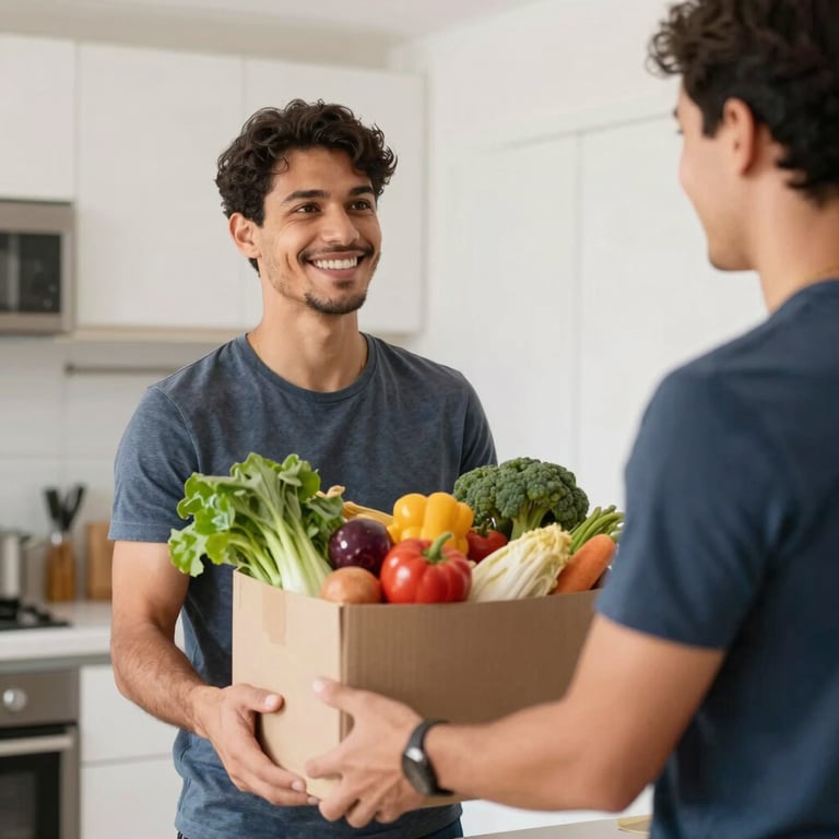 A happy customer in a bright Brazilian kitchen receiving a delivery of fresh groceries.