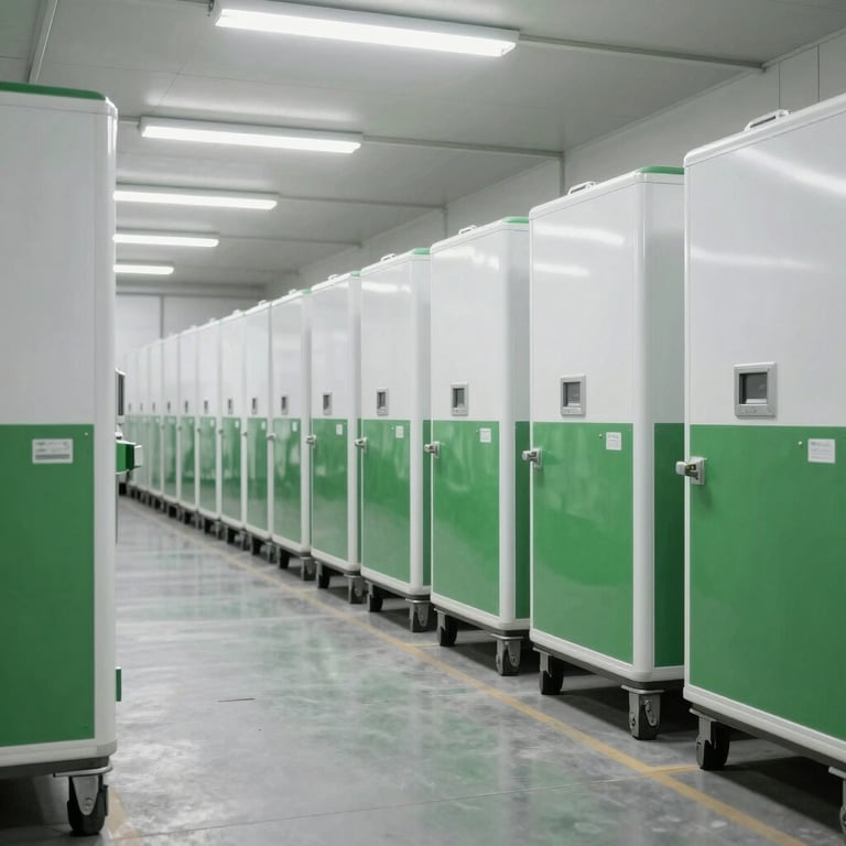 Interior of a pristine, modern food distribution facility with white and green accents.