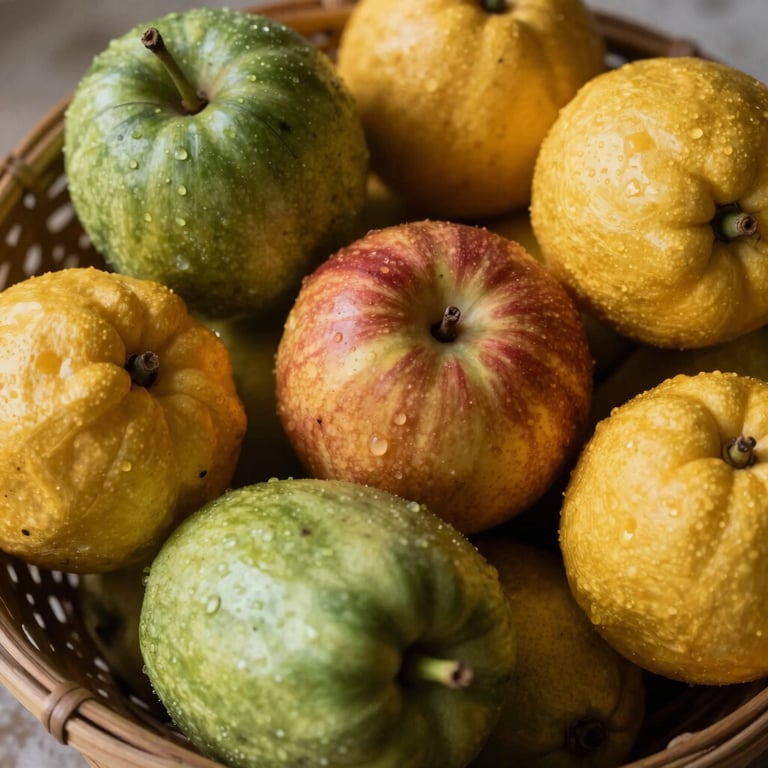 A basket of vibrant tropical fruits common in Brazil, macro photography, natural lighting.