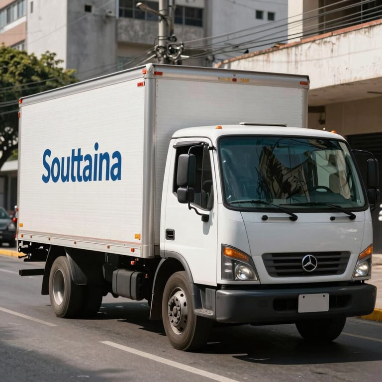 A delivery truck with subtle professional branding on a clean street in a South American city.