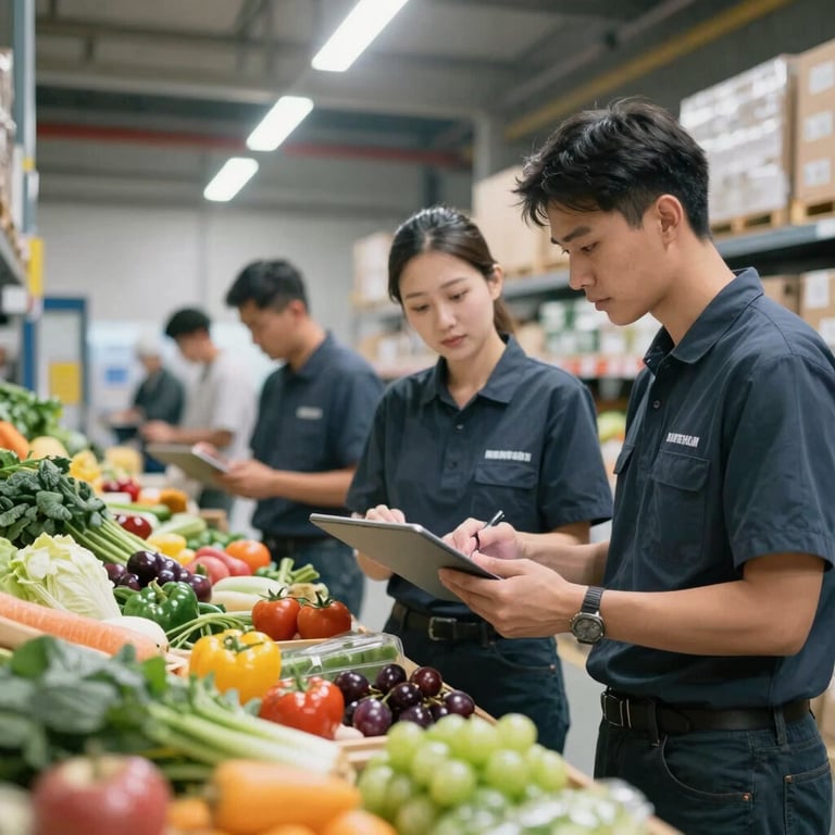 A professional team in a modern logistics center checking quality standards of fresh produce.