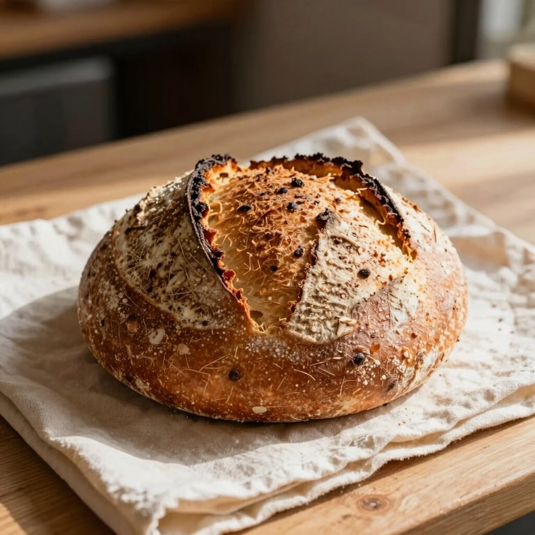 Close-up of a crusty artisanal sourdough bread on a Crisp Parchment cloth in a sunlit Portuguese bakery.