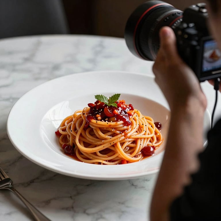 Behind-the-scenes shot of a photographer using professional lighting to shoot a Deep Ripe Crimson pasta dish.