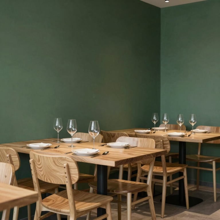 Interior of a modern, minimalist restaurant with Scandinavian wooden furniture and Matte Forest Green walls.