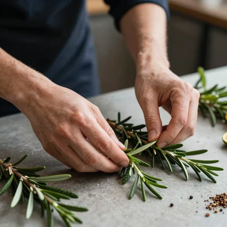 A social media manager's hands arranging fresh Mediterranean herbs for a food photo shoot.