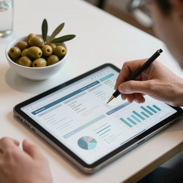 A professional planning session with a digital tablet showing social media analytics next to a bowl of fresh olives.