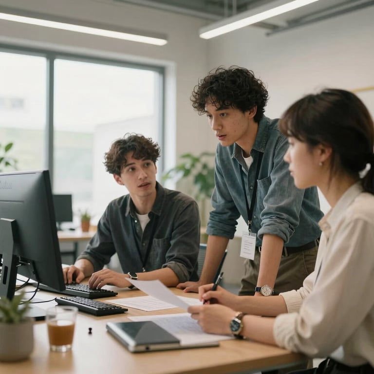 A bright, airy office space where creative professionals discuss marketing strategy for a local farmer.