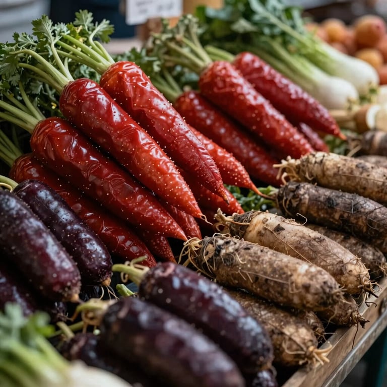 A vibrant display of organic vegetables at a local Portuguese market, featuring deep reds and earthy browns.