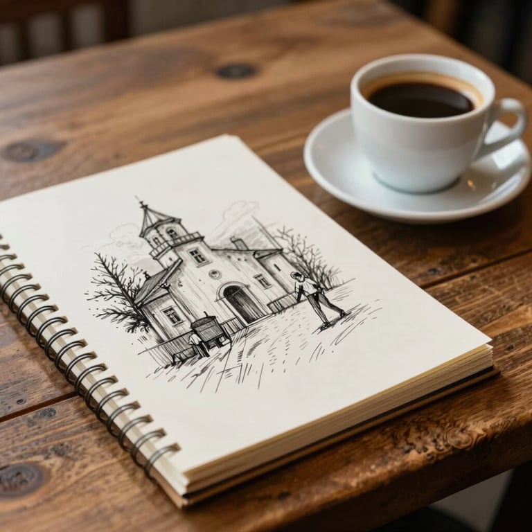 Detail of a rustic wooden table with a sketchbook and a cup of espresso in a cozy Portuguese cafe.