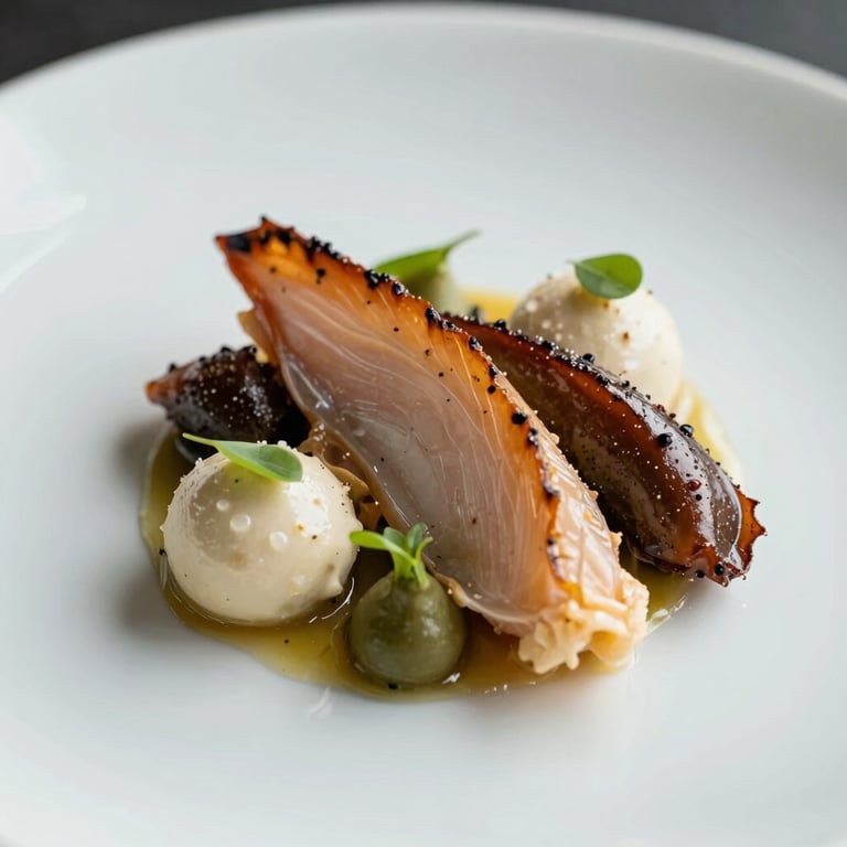 Macro photography of a gourmet dish featuring locally sourced ingredients and artistic plating.