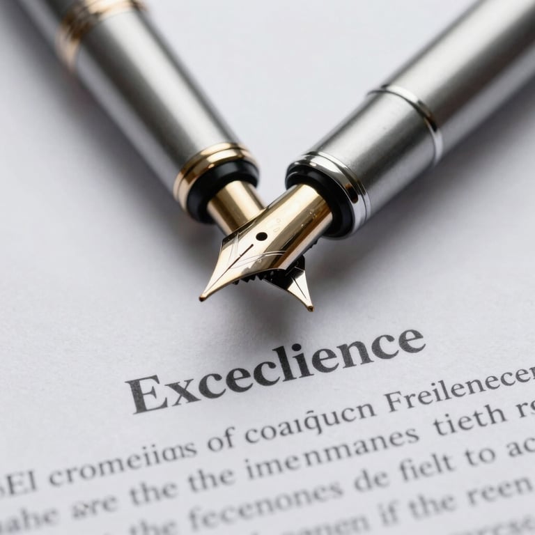 Macro shot of a high-quality fountain pen resting on a perfectly drafted contract, representing document preparation excellence.