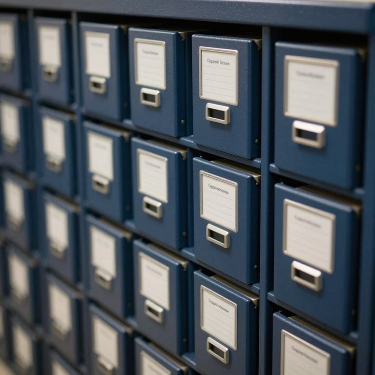 Detailed view of a professional archive system with neatly labeled folders in midnight blue, symbolizing organizational efficiency.