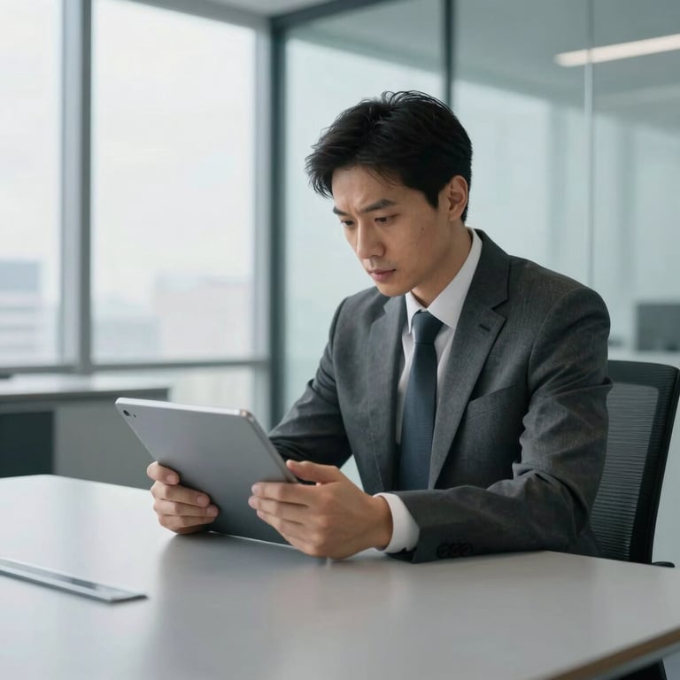 A professional in formal business attire reviewing a digital tablet in a bright clouds gray meeting room with glass walls.