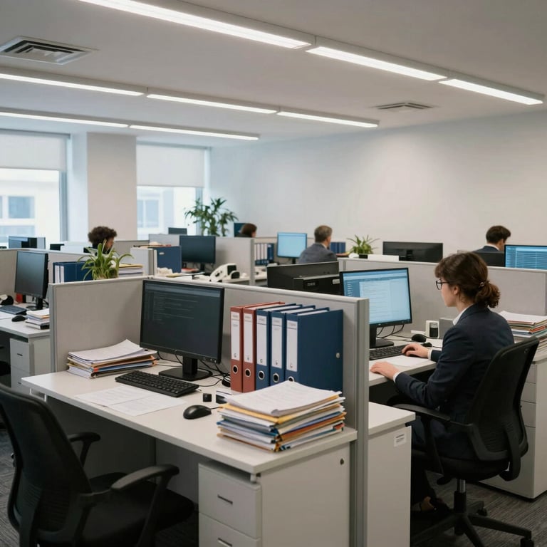 A wide shot of a modern administrative office in Lisbon, Portugal, showing organized files and professional computers under bright, clean lighting.