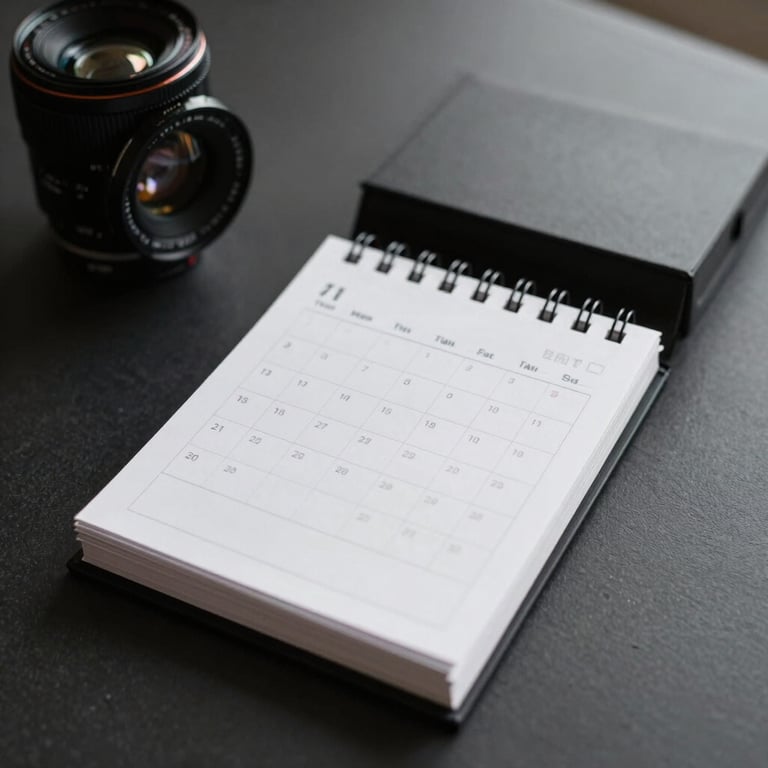 A minimalist desk setup with a calendar and task list, emphasizing the meticulous attention to detail and planning.