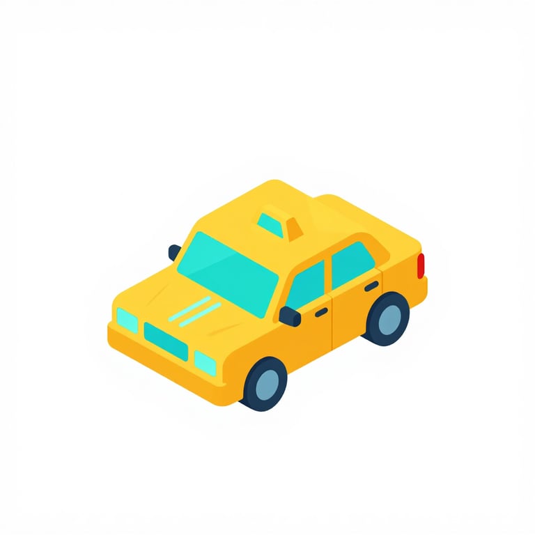 Isometric 3D vector icon of a yellow taxi cab with glowing digital GPS route lines, vibrant cyan, minimalist white background