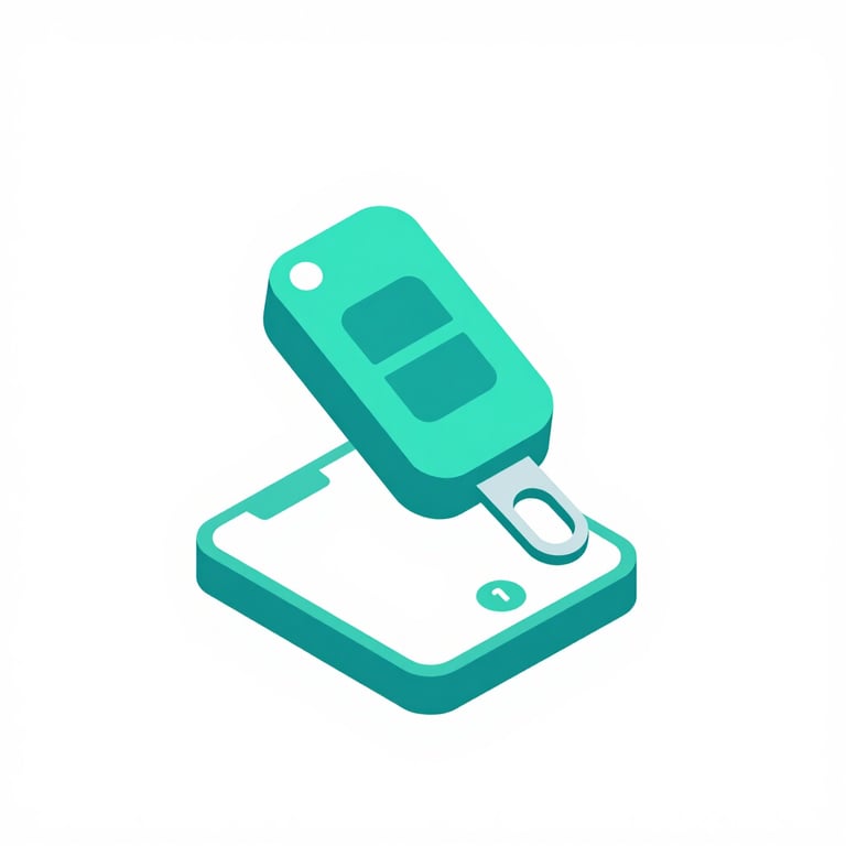 Isometric 3D vector icon of a car key overlaying a digital smartphone lock screen, teal accents, minimalist white background