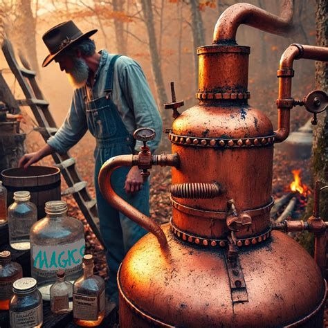 A man in overalls operates a traditional copper moonshine still in the woods with glass bottles.