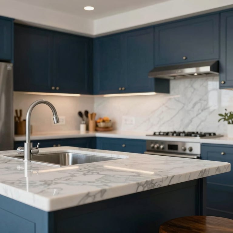 A sparkling clean modern kitchen in a Latinoamericano home with marble countertops and dark blue accents.
